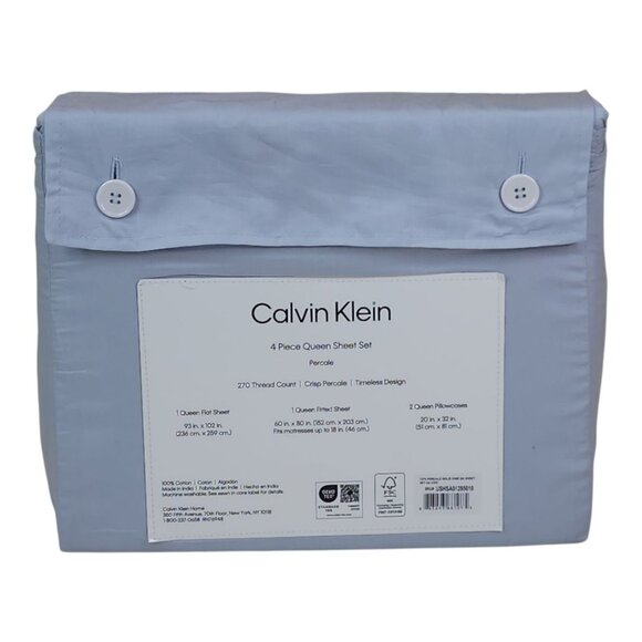 Calvin Klein 4 Piece Queen Sheet Set Crisp Cotton Percale 270 Thread Light Blue - Picture 3 of 10